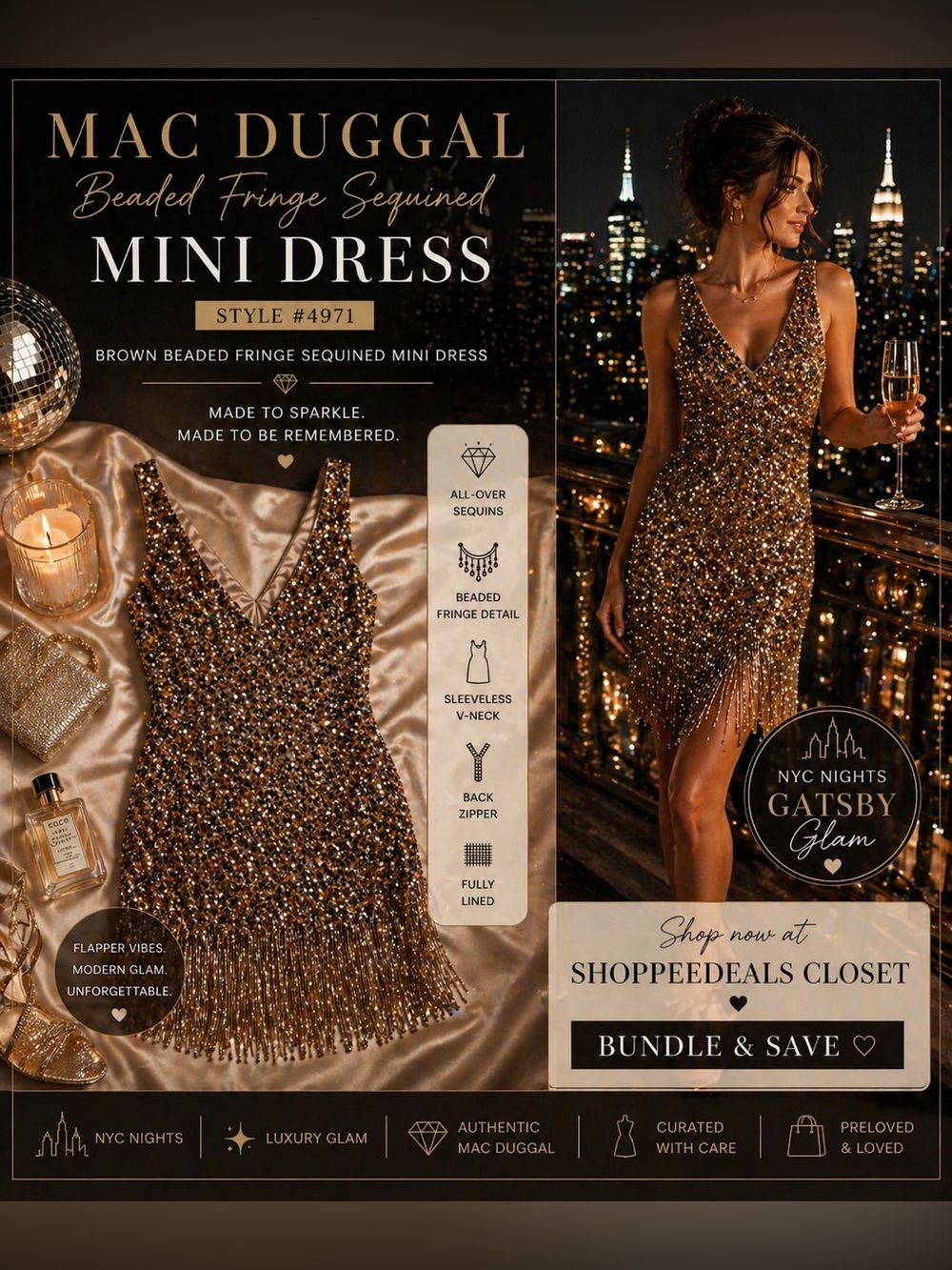 Mac Duggal Beaded Fringe Sequined Mini Dress Style 4971 Brown